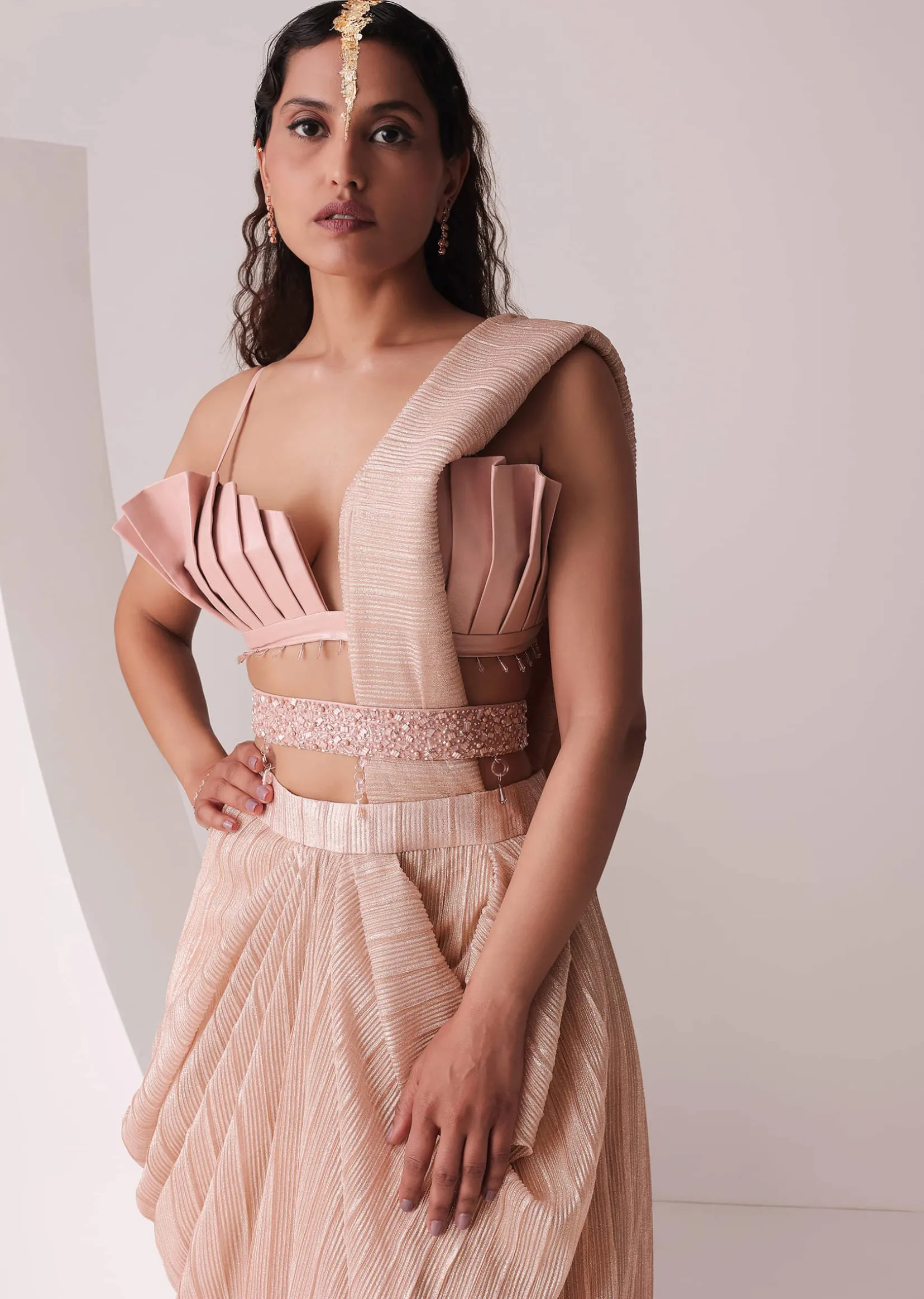 Peach Gold Ready To Wear Saree With Pleated Satin Blouse And Embroidered Belt