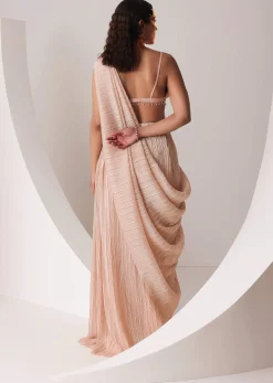 Peach Gold Ready To Wear Saree With Pleated Satin Blouse And Embroidered Belt