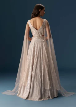 Peach Gown With Fully Embroidered Yoke And Feather Embellished Shoulders
