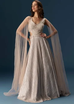 Peach Gown With Fully Embroidered Yoke And Feather Embellished Shoulders