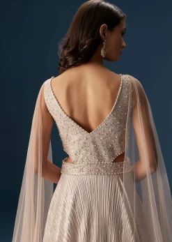 Peach Gown With Fully Embroidered Yoke And Feather Embellished Shoulders