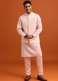 Peach Green Linen Silk Mirror Work Jacket Kurta Set