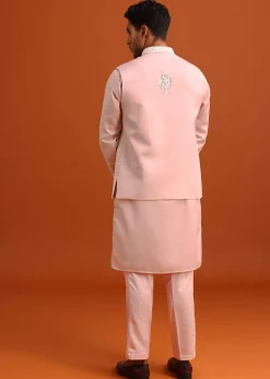 Peach Green Linen Silk Mirror Work Jacket Kurta Set