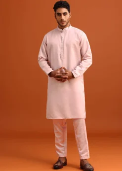 Peach Green Linen Silk Mirror Work Jacket Kurta Set