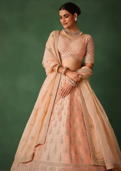 Peach Hand Embroidered Raw Silk Lehenga Set With Butti Work