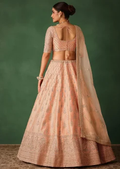 Peach Hand Embroidered Raw Silk Lehenga Set With Butti Work