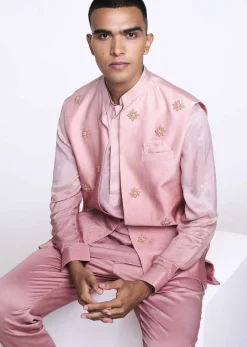 Peach Hand Embroidered Satin Bandi And Kurta Set