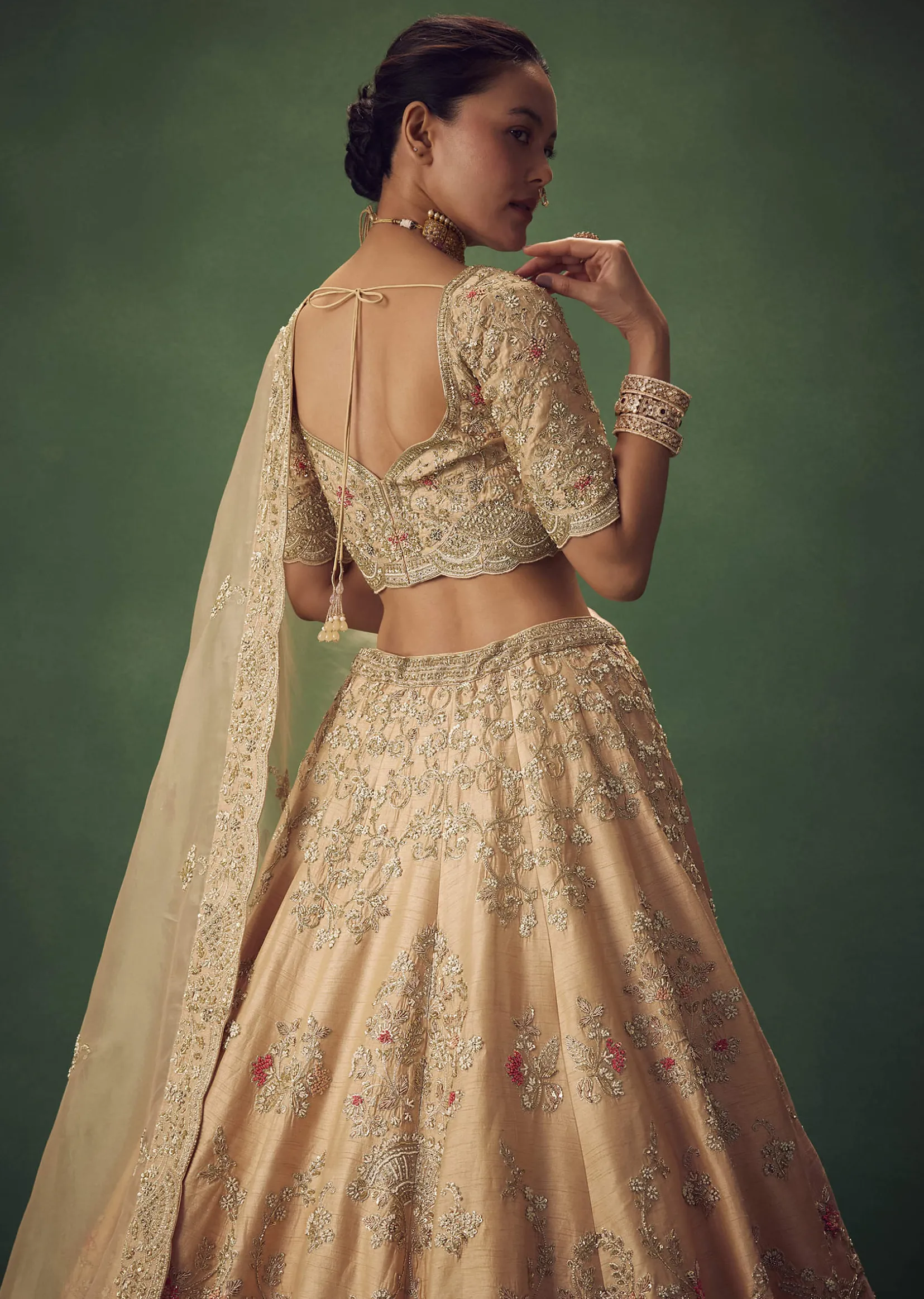 Peach Hand Embroidered Sequin And Zari Work Lehenga Set