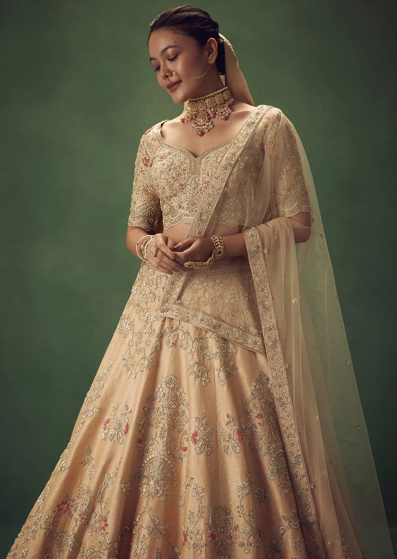 Peach Hand Embroidered Sequin And Zari Work Lehenga Set