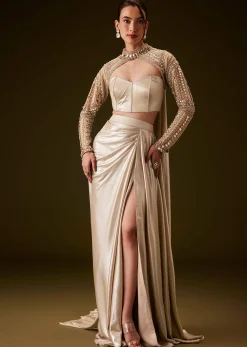 Peach Hand Embroidered Skirt Set With Cape