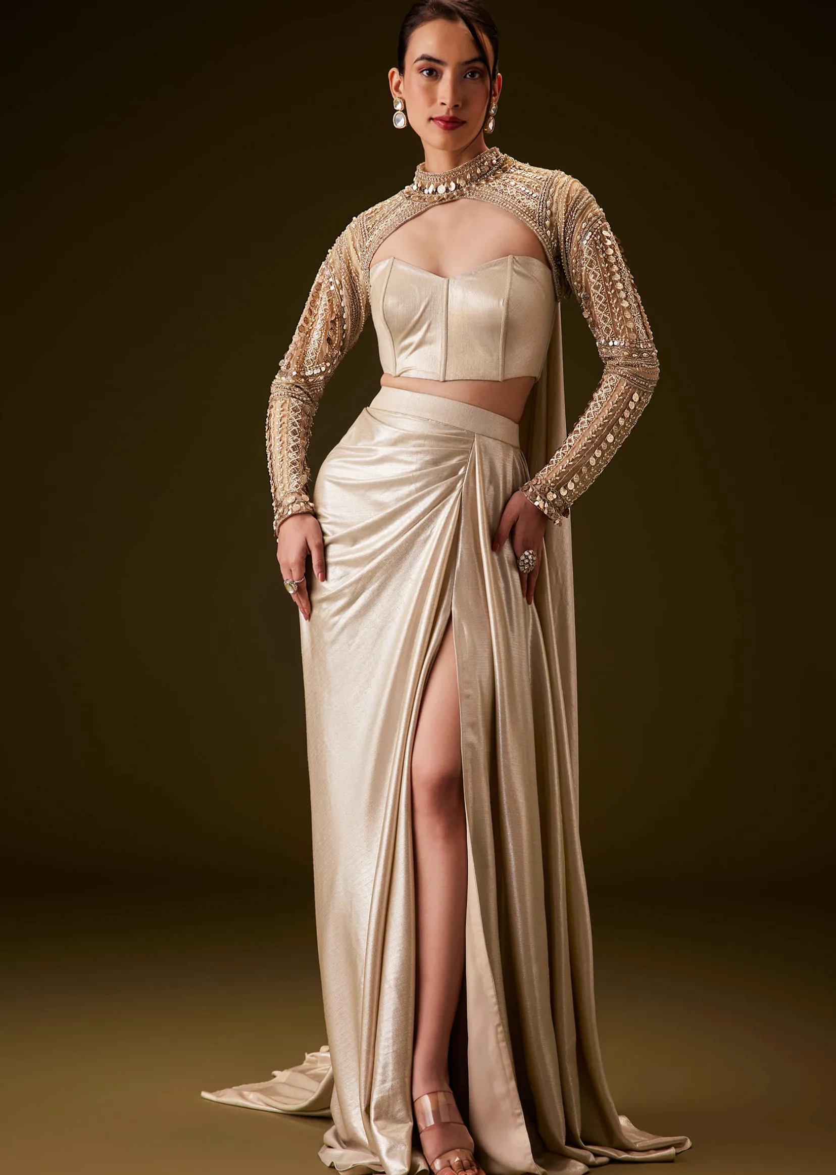 Peach Hand Embroidered Skirt Set With Cape