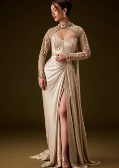Peach Hand Embroidered Skirt Set With Cape