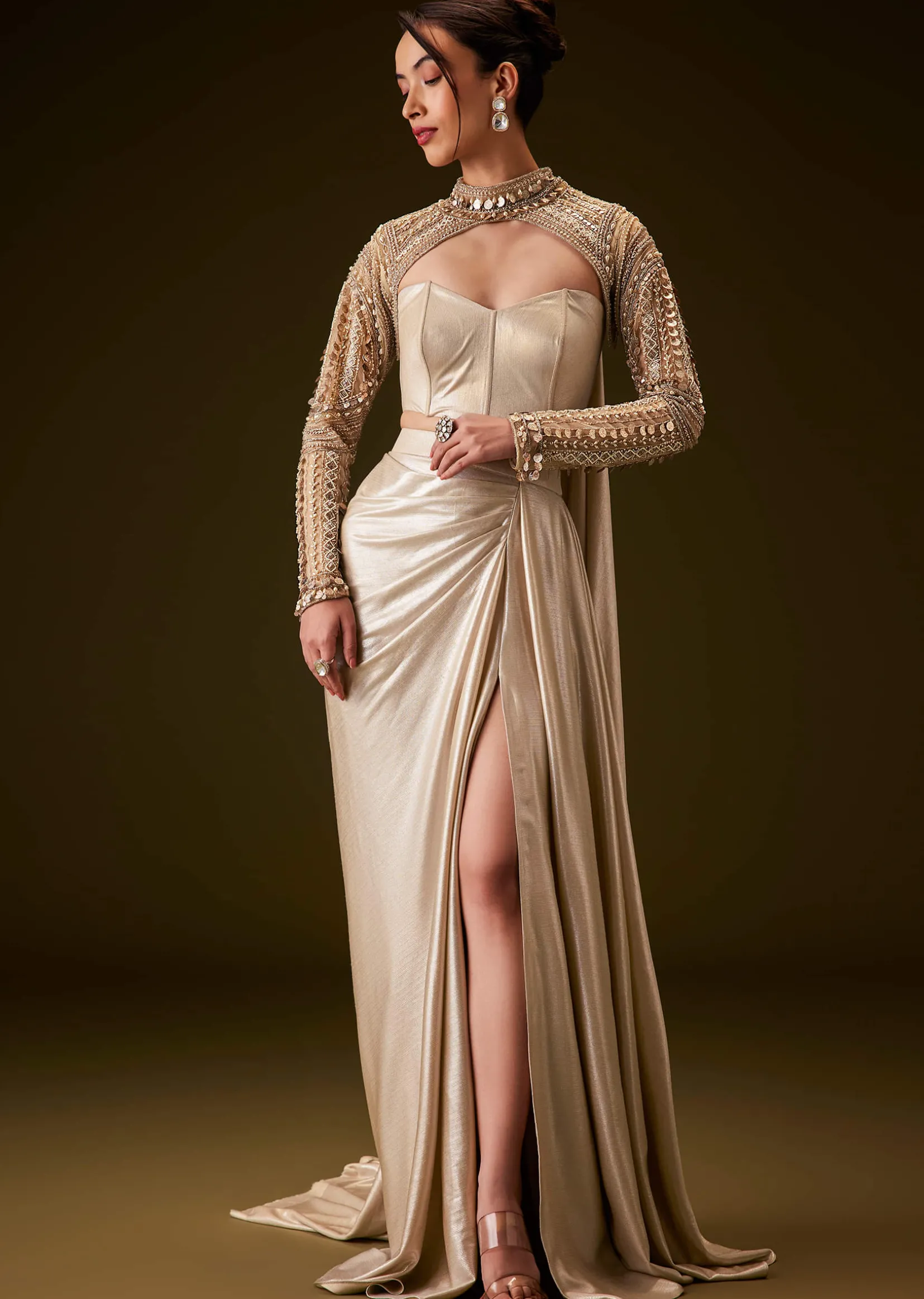 Peach Hand Embroidered Skirt Set With Cape