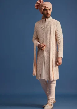 Peach Heavy Hand Embroidered Sherwani Suit