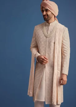 Peach Heavy Hand Embroidered Sherwani Suit