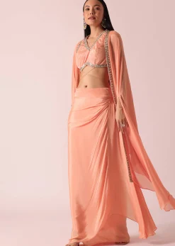 Peach Jacket And Dhoti Set With Mirror Work