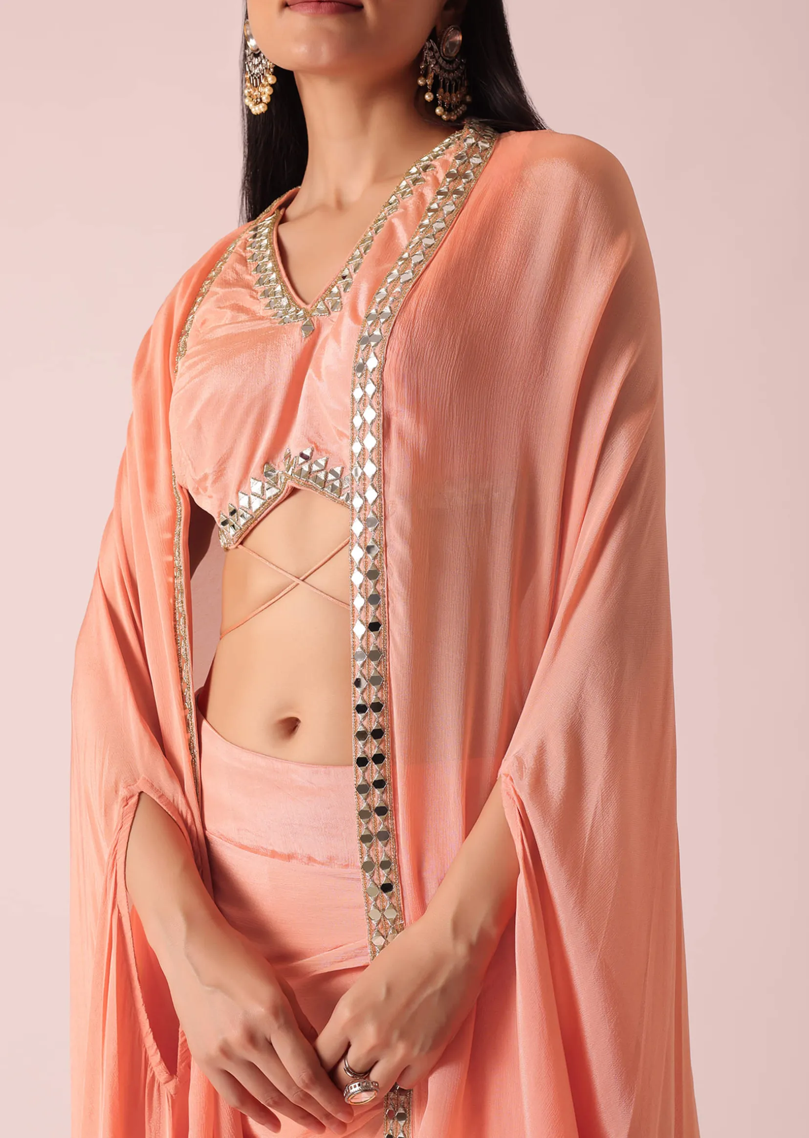 Peach Jacket And Dhoti Set With Mirror Work