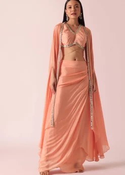 Peach Jacket And Dhoti Set With Mirror Work