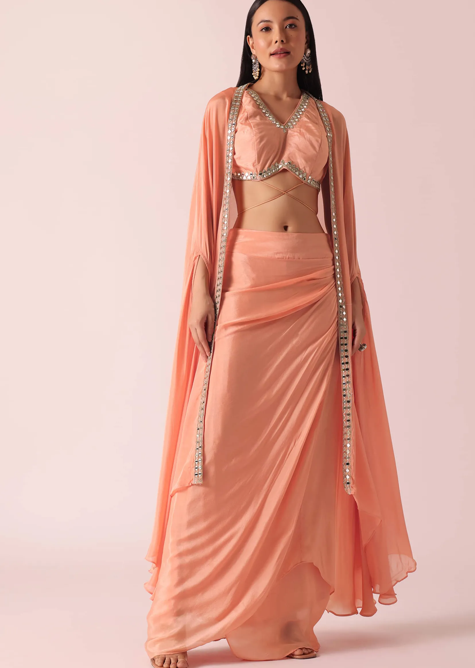Peach Jacket And Dhoti Set With Mirror Work