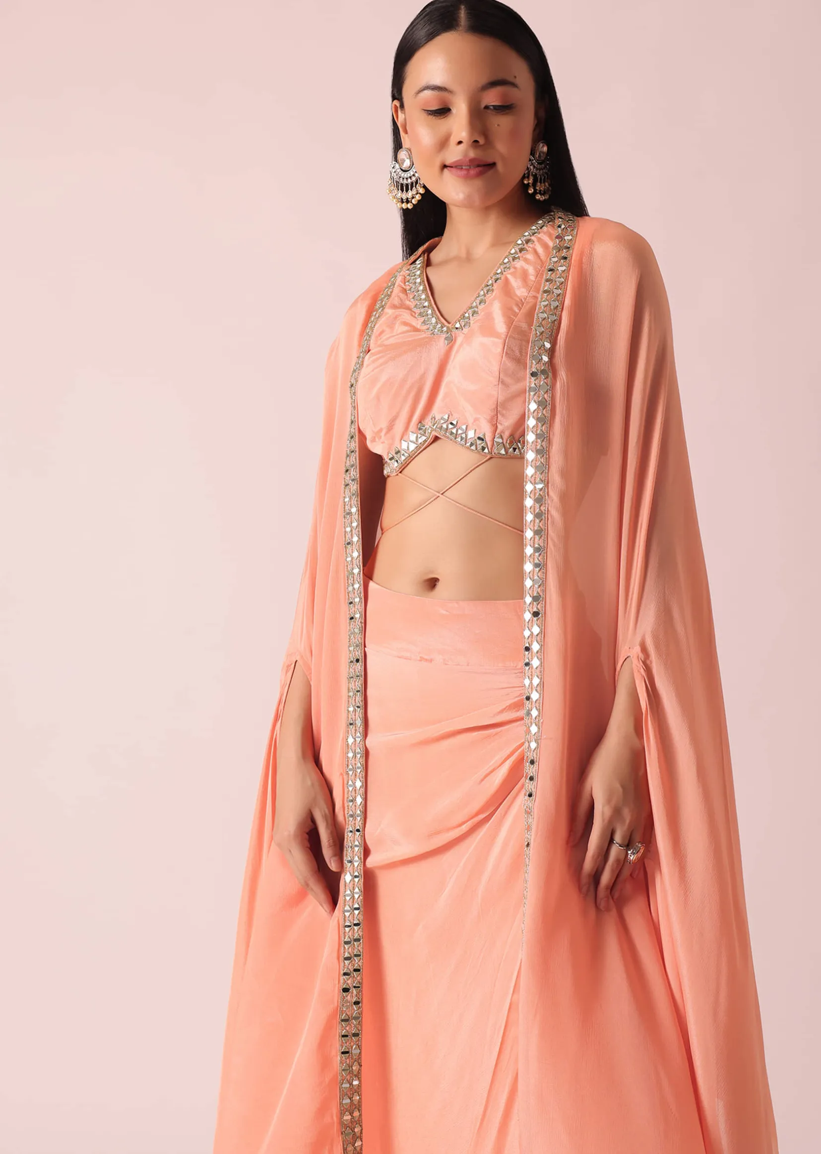 Peach Jacket And Dhoti Set With Mirror Work