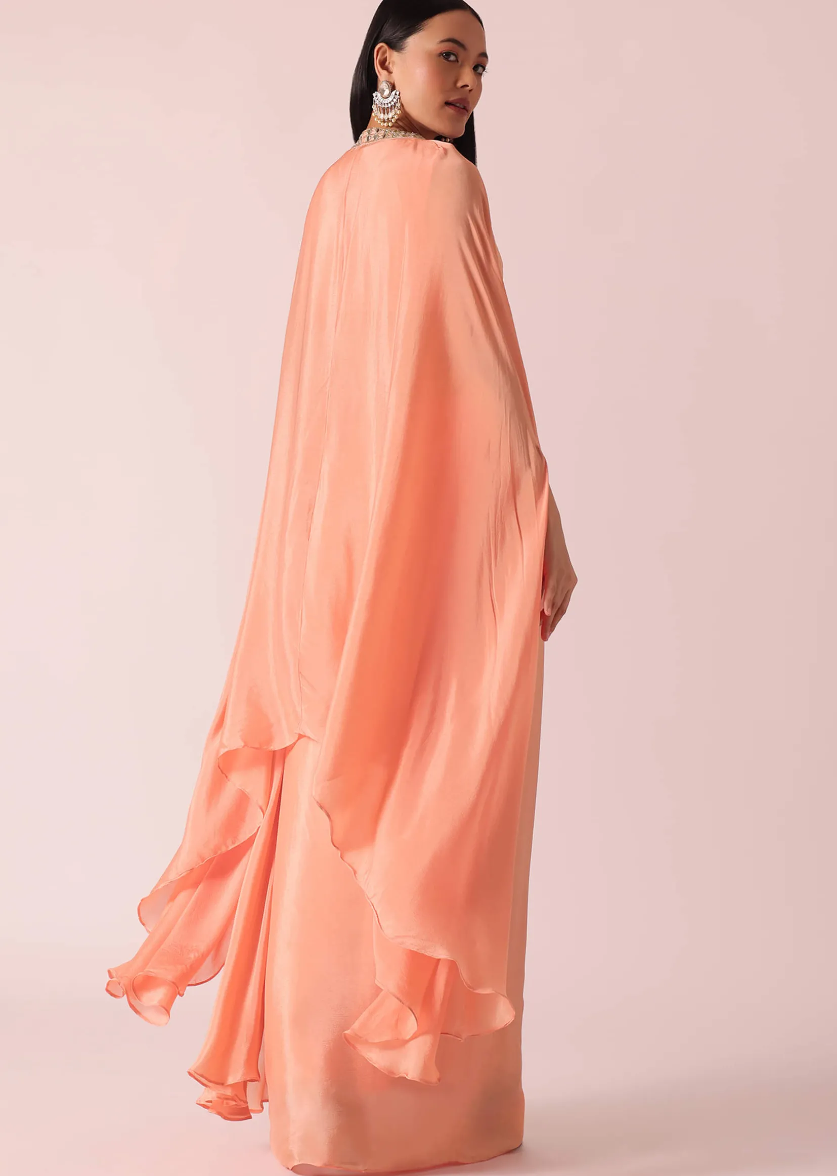 Peach Jacket And Dhoti Set With Mirror Work