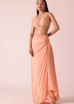 Peach Jacket And Dhoti Set With Mirror Work