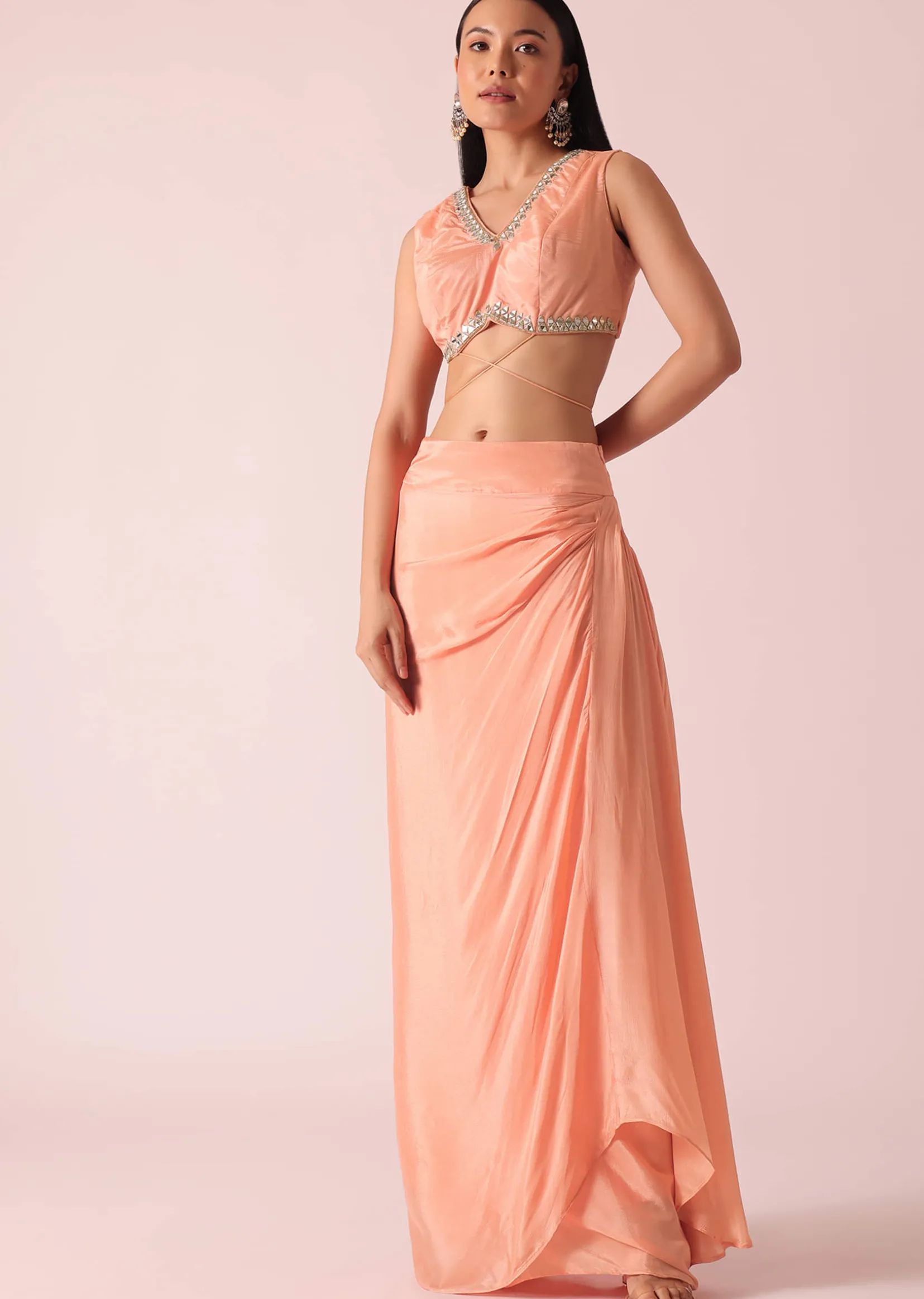 Peach Jacket And Dhoti Set With Mirror Work