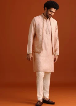 Peach Kurta And Jacket Set With Mirror Work