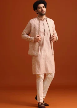 Peach Kurta And Jacket Set With Mirror Work