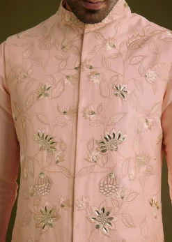 Peach Kurta Jacket Set In Cotton Silk With Embroidery Thread Work