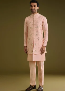 Peach Kurta Jacket Set In Cotton Silk With Embroidery Thread Work