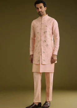 Peach Kurta Jacket Set In Cotton Silk With Embroidery Thread Work