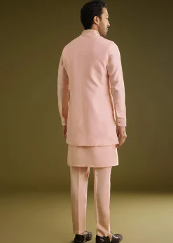 Peach Kurta Jacket Set In Cotton Silk With Embroidery Thread Work