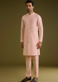 Peach Kurta Jacket Set In Cotton Silk With Embroidery Thread Work