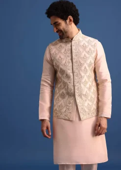 Peach Kurta Jacket Set With Zari Embroidery For Men