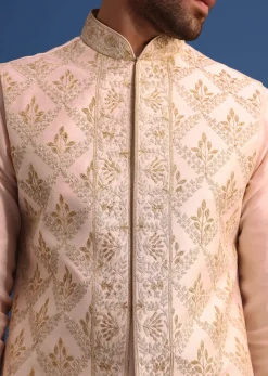 Peach Kurta Jacket Set With Zari Embroidery For Men