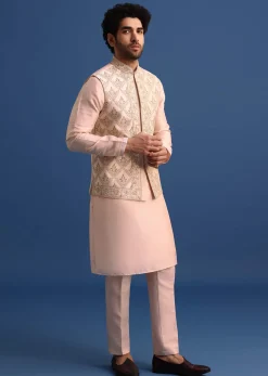 Peach Kurta Jacket Set With Zari Embroidery For Men
