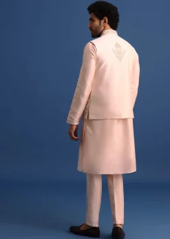 Peach Kurta Jacket Set With Zari Embroidery For Men