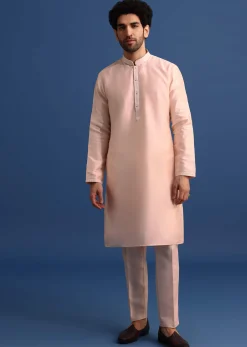 Peach Kurta Jacket Set With Zari Embroidery For Men