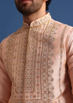 Peach Kurta Jacket Set With Zari Work And Mirror Embroidery For Men