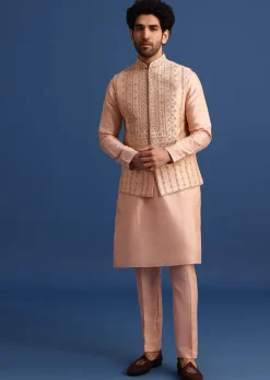 Peach Kurta Jacket Set With Zari Work And Mirror Embroidery For Men