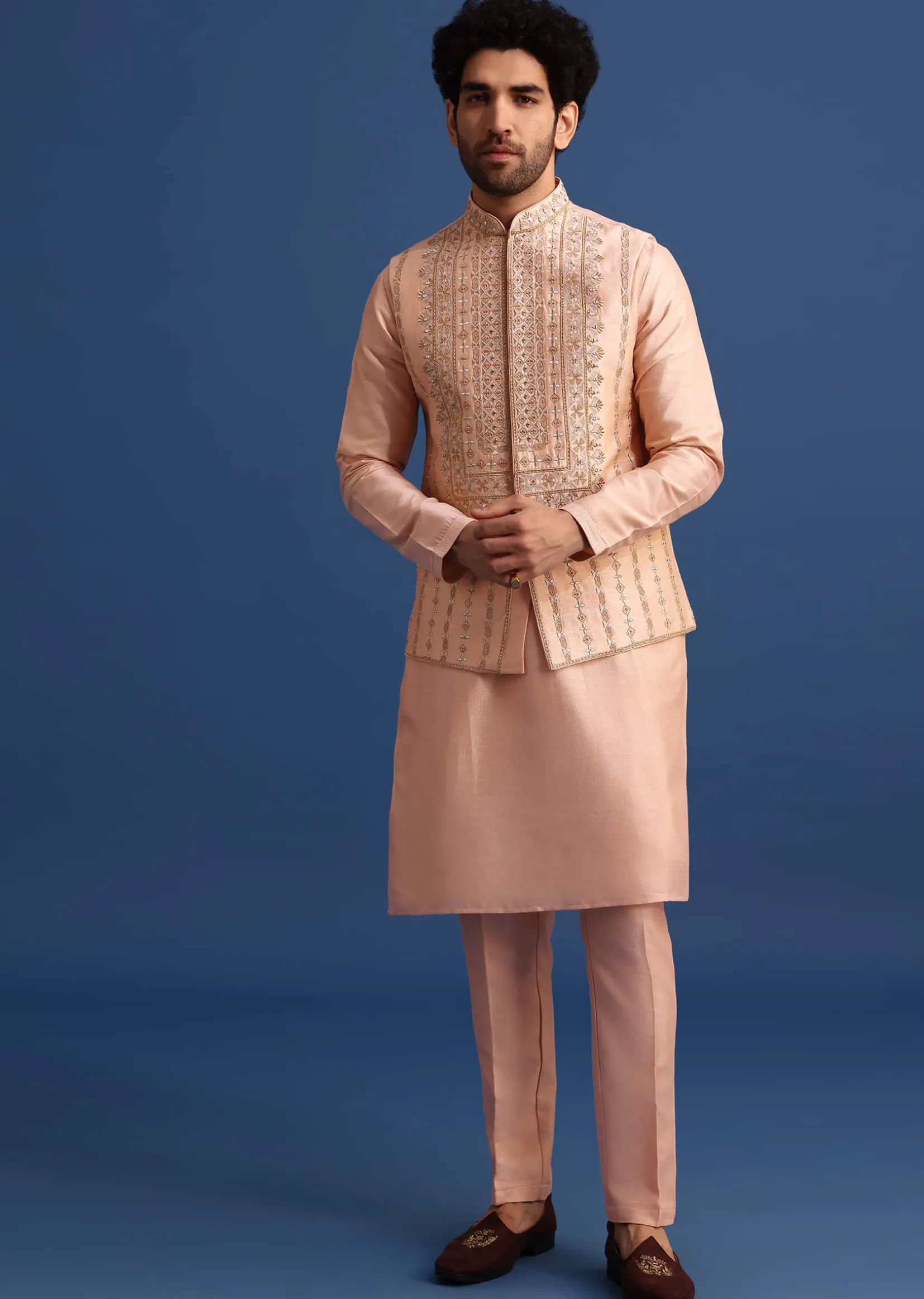 Peach Kurta Jacket Set With Zari Work And Mirror Embroidery For Men