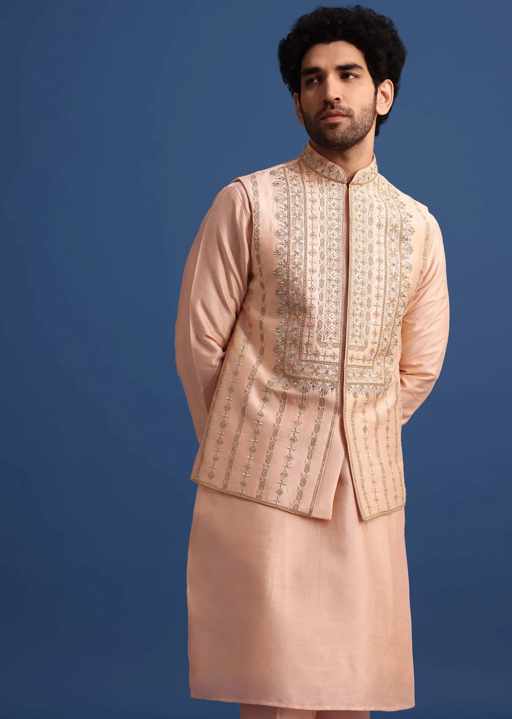 Peach Kurta Jacket Set With Zari Work And Mirror Embroidery For Men