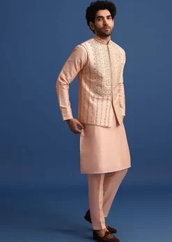 Peach Kurta Jacket Set With Zari Work And Mirror Embroidery For Men