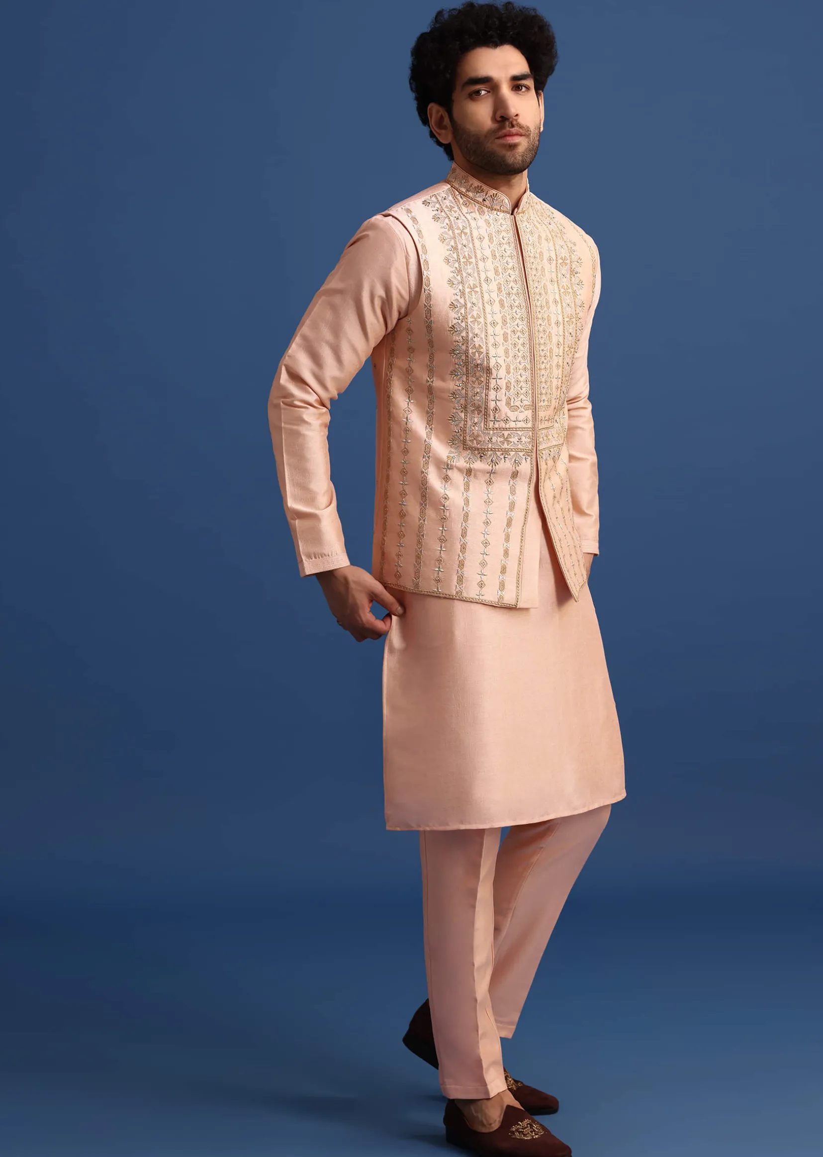 Peach Kurta Jacket Set With Zari Work And Mirror Embroidery For Men