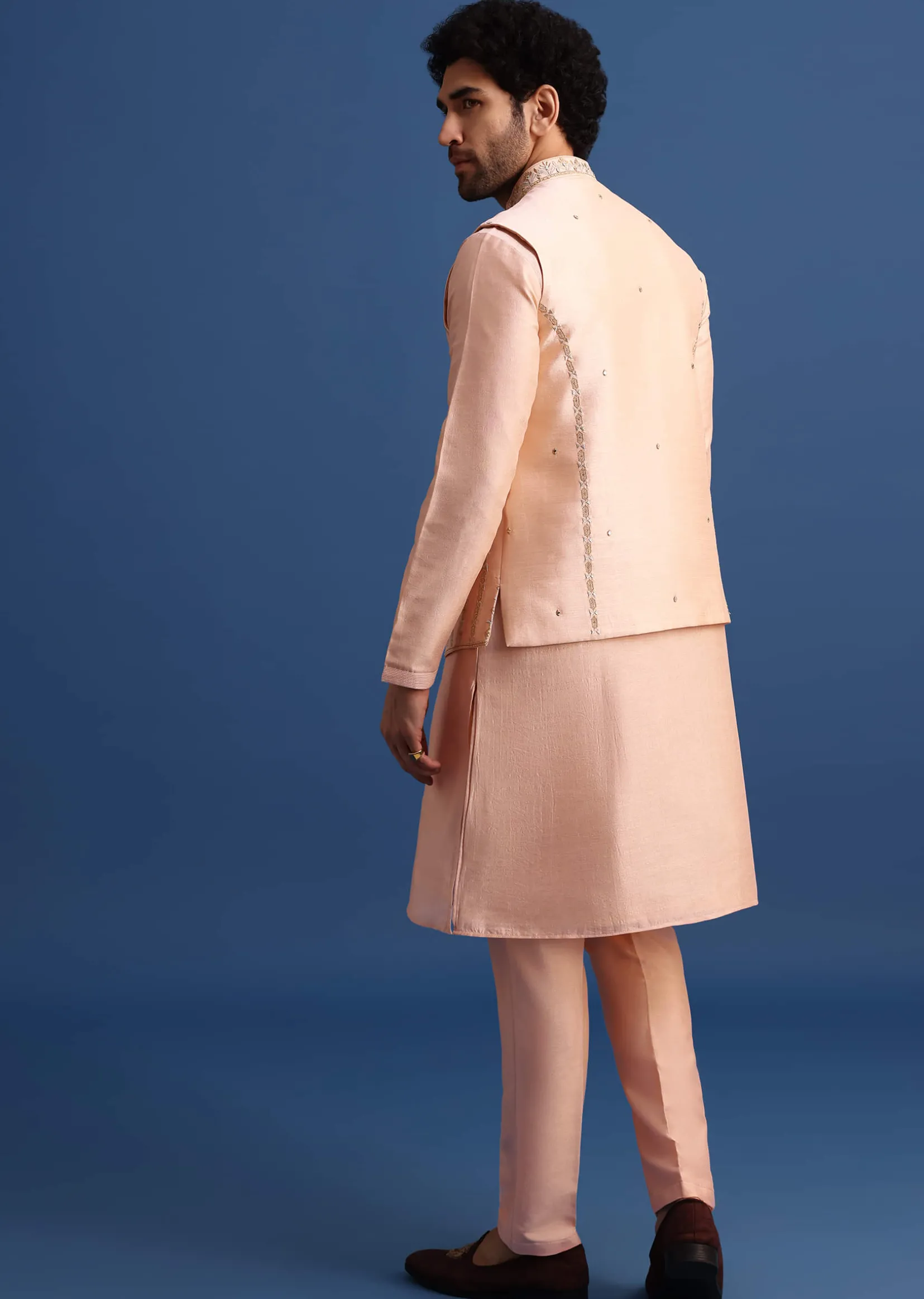 Peach Kurta Jacket Set With Zari Work And Mirror Embroidery For Men