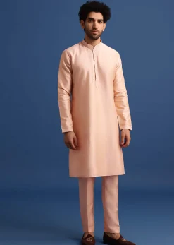 Peach Kurta Jacket Set With Zari Work And Mirror Embroidery For Men