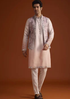 Peach Kurta Set With Embellished Nehru Jacket