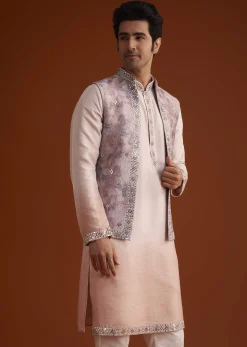Peach Kurta Set With Embellished Nehru Jacket