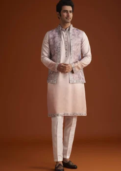 Peach Kurta Set With Embellished Nehru Jacket
